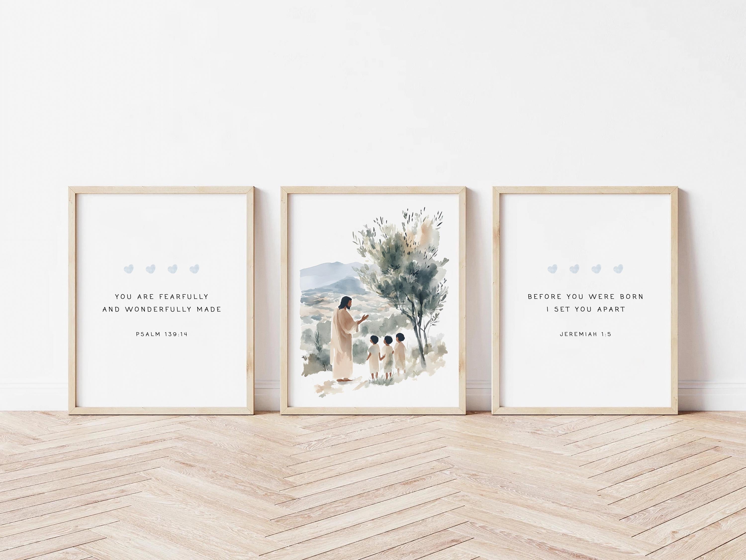 Set of 3 Christian Nursery Print Bible Verse Wall Art Neutral Nursery Decor Jesus Teaching Children Printable Fearfully and Wonderfully Made